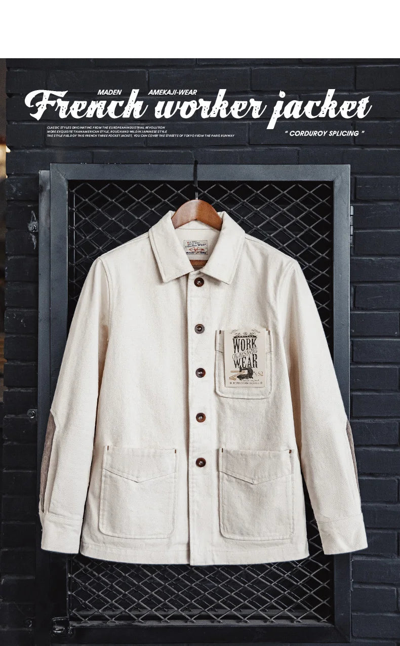 Maden Retro Heavyweight Cotton Jacket with Twill Lapel Sleeves Corduroy Splicing Design Single-Breasted Coat for Men's Autumn