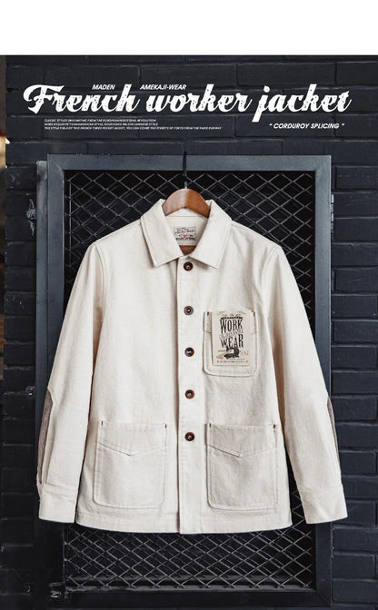 Maden Retro Heavyweight Cotton Jacket with Twill Lapel Sleeves Corduroy Splicing Design Single-Breasted Coat for Men's Autumn