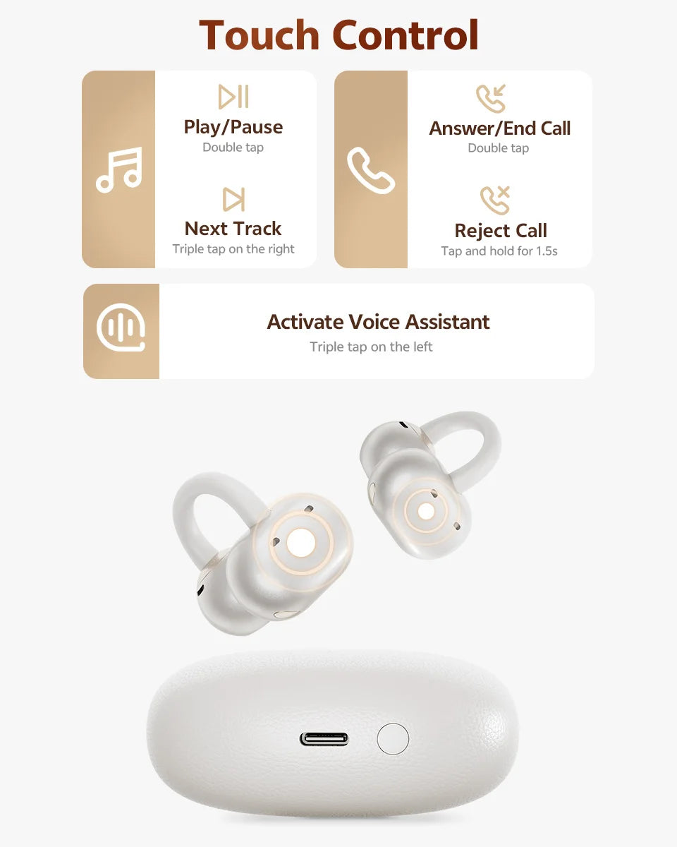 QCY CT06 Open Ear Wireless Earbuds with 4-Mic Calls and Bass Boost - Bluetooth 6.0 Clip-On Sports Headphones with 35 Hours Playtime - ShopHub