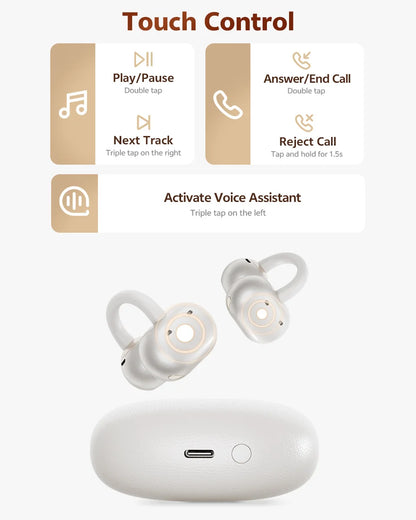 QCY CT06 Open Ear Wireless Earbuds with 4-Mic Calls and Bass Boost - Bluetooth 6.0 Clip-On Sports Headphones with 35 Hours Playtime - ShopHub