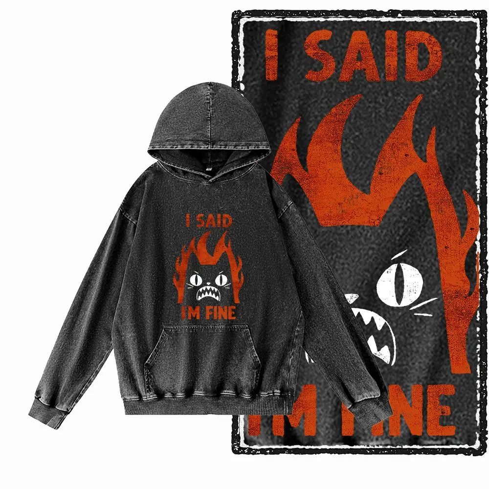 Night Prowler Cat Graphic Acid-Washed Black Hoodie