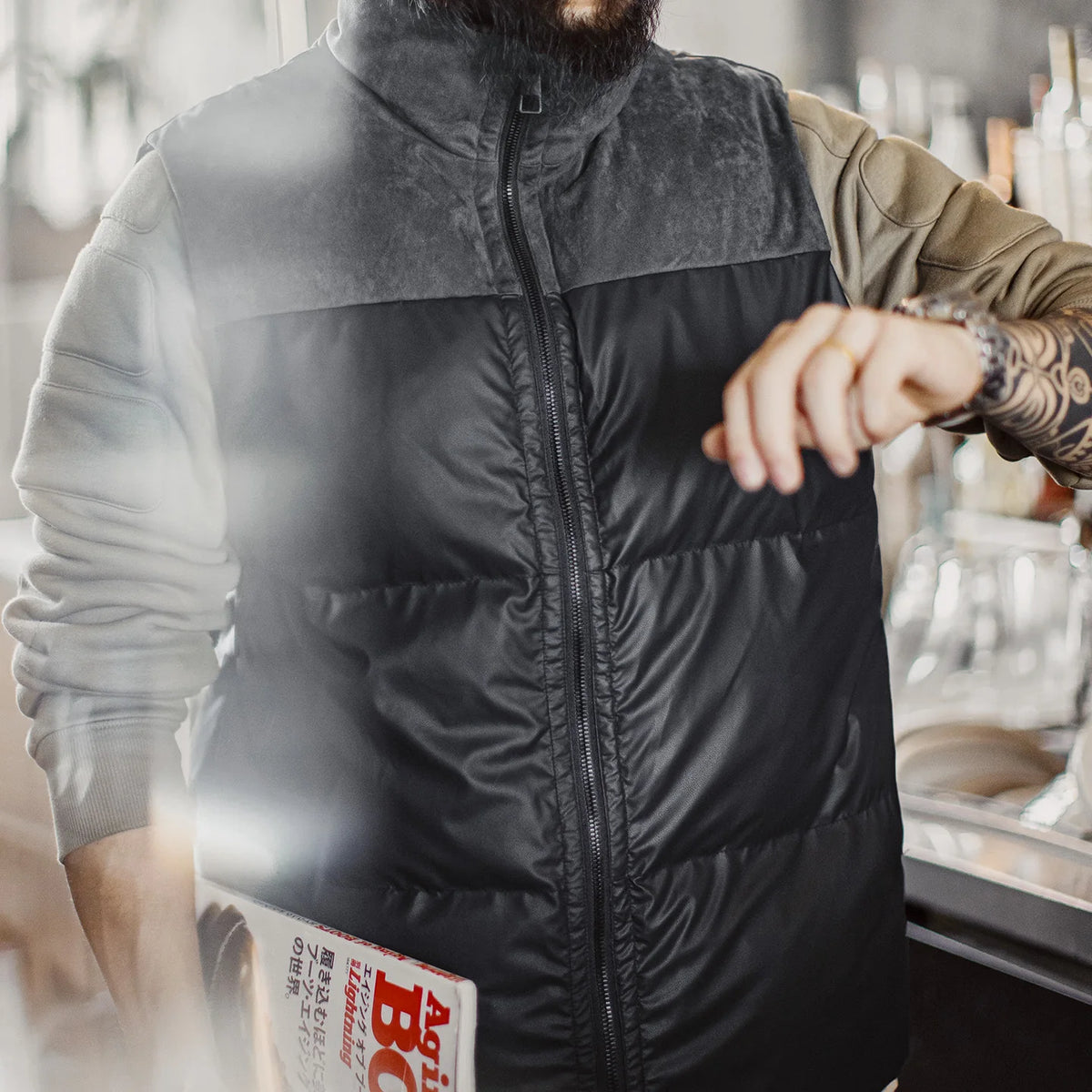 MADEN Black Leather-Look Quilted Vest