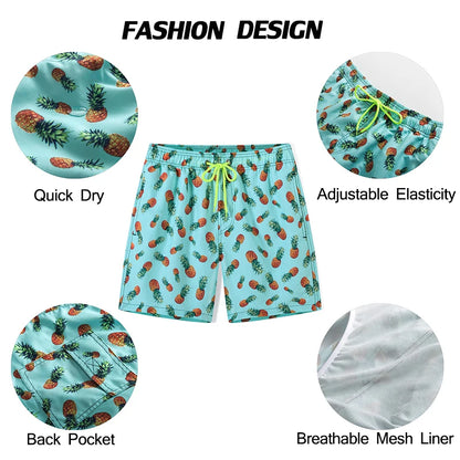 Men's polyester boardshorts with quick-dry fabric, colorful print, mesh liner, suitable for surfing, beach, and gym activities.