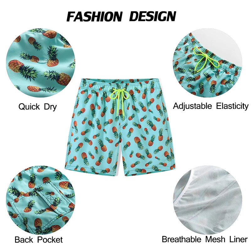 Men's Datifer Summer swimming shorts by ShopHub NZ with polyester mesh liner, adjustable waist, pockets, and vibrant print for active beach days.
