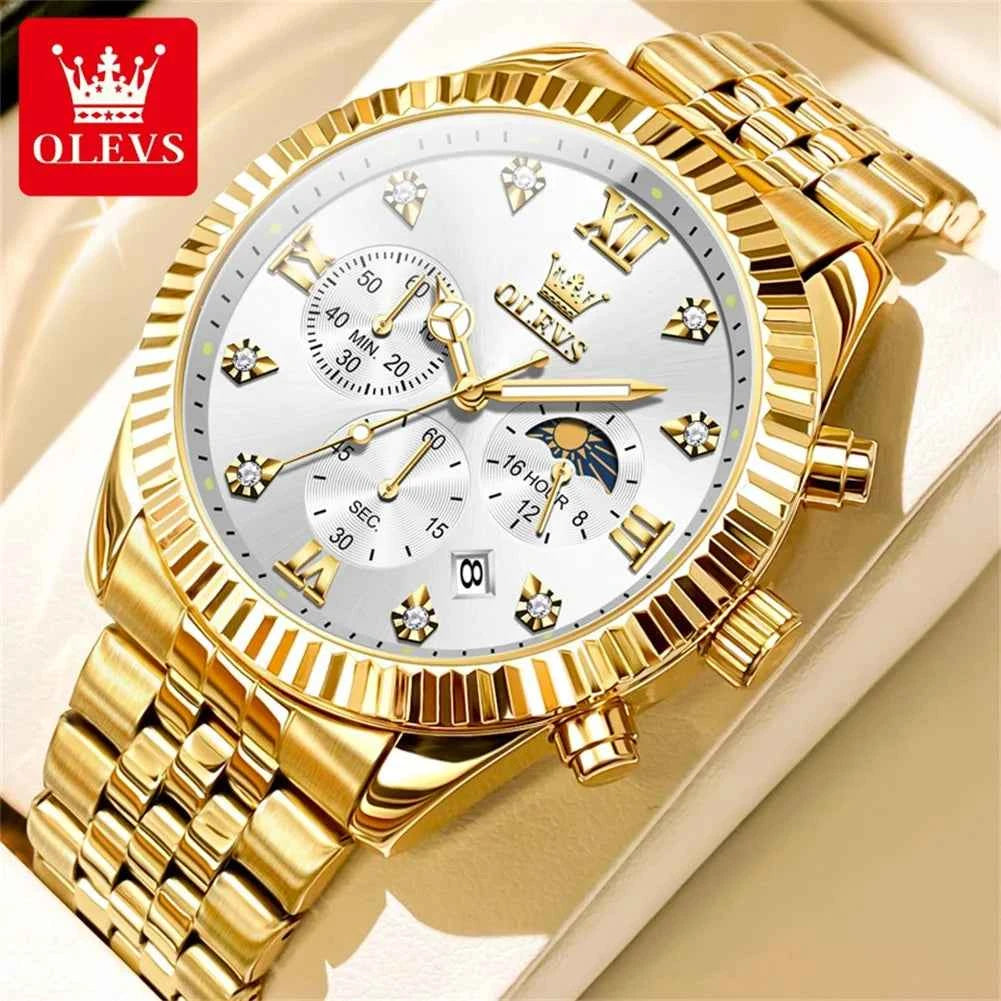 OLEVS 2932 Mens Luxury Watch - Original Brand Calendar Quartz Moon Phase Multifunctional Chronograph for Men Gifts