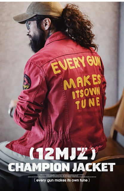 Maden New Vintage Heavy-Duty Letter Embroidered 12MJZ Jacket Red Slim-Fit Canvas Lapel Coat Men's Spring Zip-Up Casual Outerwear