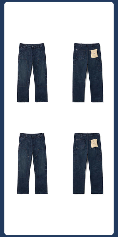 SIMWOOD High Standard 2026 Autumn Winter New 13.5oz Heavyweight Vintage Wash Carpenter Jeans Men Cargo Denim Pants