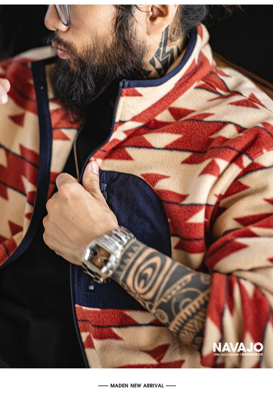 Maden Men's Vintage Navajo Polar Fleece Jacket Stand Collar Zip-Up Patchwork Sweatshirt Warm Cardigan for Spring and Autumn Coat