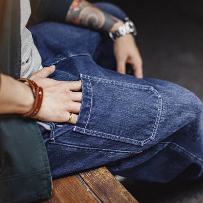 Maden 15oz Slub Cotton Denim Jeans Vintage Men's Washed Blue Straight Tapered Trousers Pants with Pockets for Men Autumn Winter