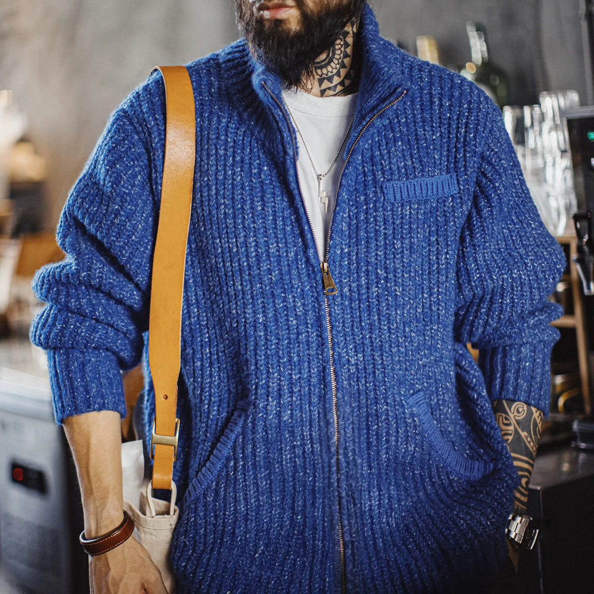 MADEN Blue High-Neck Zip Cardigan