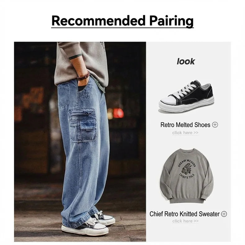 Maden Men's Vintage 10.5oz Washed Denim Jeans Loose Fit Cargo Pocket Workwear Pants Casual Blue Trousers for Spring and Autumn