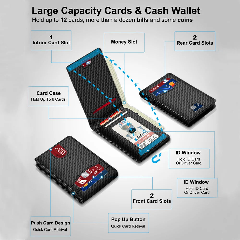 RFID Blocking Mens Wallet Minimalist Slim Magnetic Pop-Up Card Holder Metal Bank Credit Cardholder Bifold Smart Wallets for Men