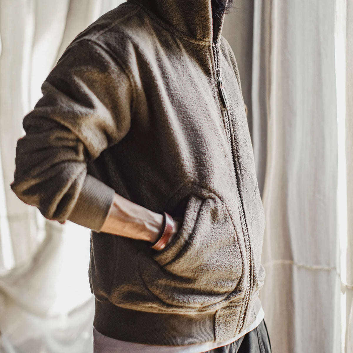 Maden Men’s Khaki Fleece Zip Hoodie Jacket