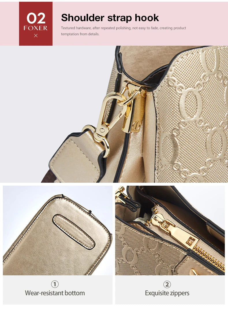 FOXER Women's Shoulder Bag Split Leather Lady Crossbody Bag Fashion Monogram Print Large Capacity Handbag Purse