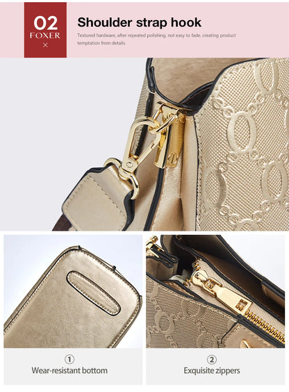 FOXER Women's Shoulder Bag Split Leather Lady Crossbody Bag Fashion Monogram Print Large Capacity Handbag Purse