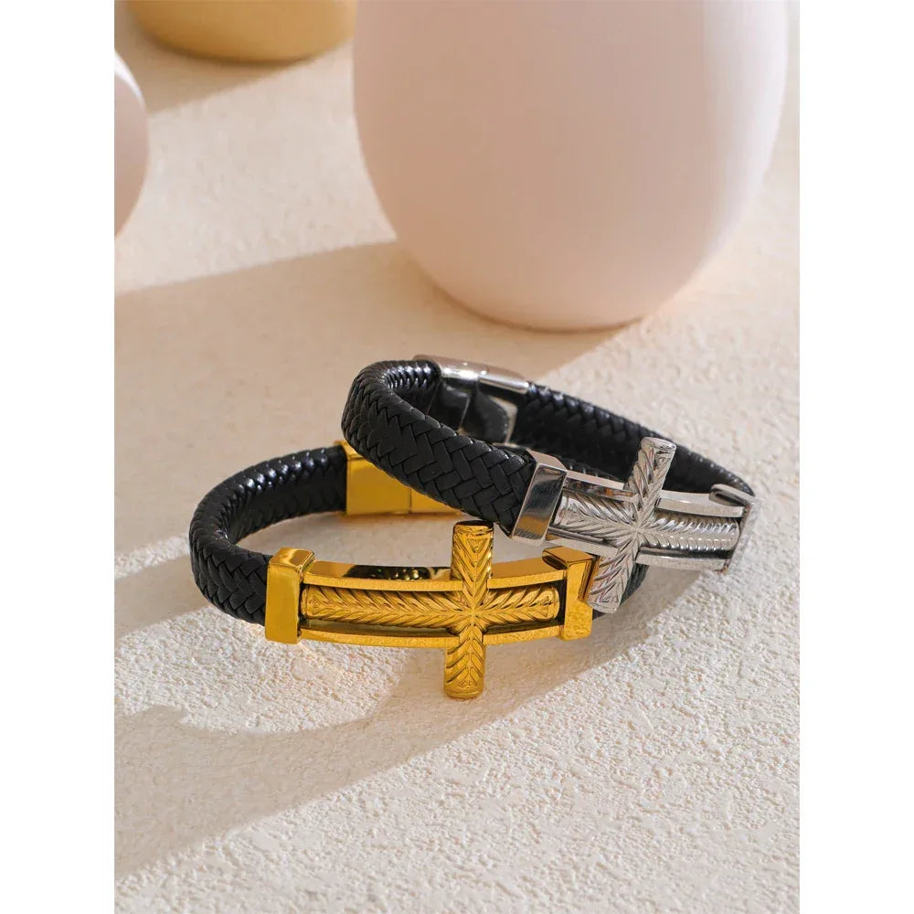 67mm Men's Vintage Stainless Steel Metal Cross Wide Bracelet Bangle - ShopHub