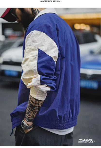 Maden Vintage Splice Racing Jacket Men's Spring Embroidered Outdoor Motorcycle Style Zip-Up Outerwear Lapel Casual Blue Jackets