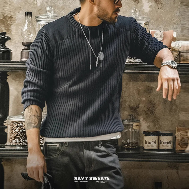 MADEN Navy Ribbed Patch-Detail Sweater