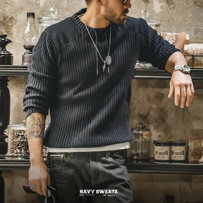 MADEN Navy Ribbed Patch-Detail Sweater