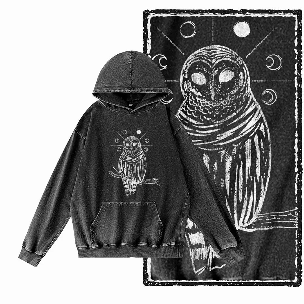 Vintage Owl Graphic Acid-Washed Black Hoodie
