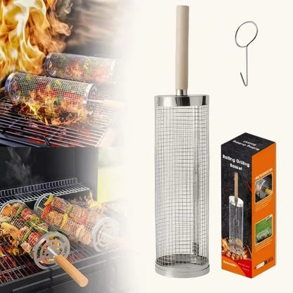 2Pcs Stainless Steel BBQ Grill Set - Heavy Duty Camping Cooking Tool with Wood Handle & Hook