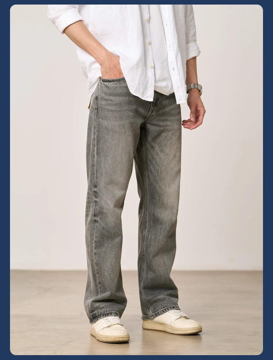 SIMWOOD High Standard 2026 Spring New 13oz Cotton Hemp Washed Vintage Jeans for Men,Classic Retro Casual Denim Trousers