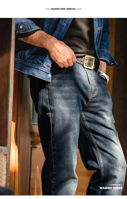 Maden Men's Vintage 11.5oz Denim Washed Straight Jeans