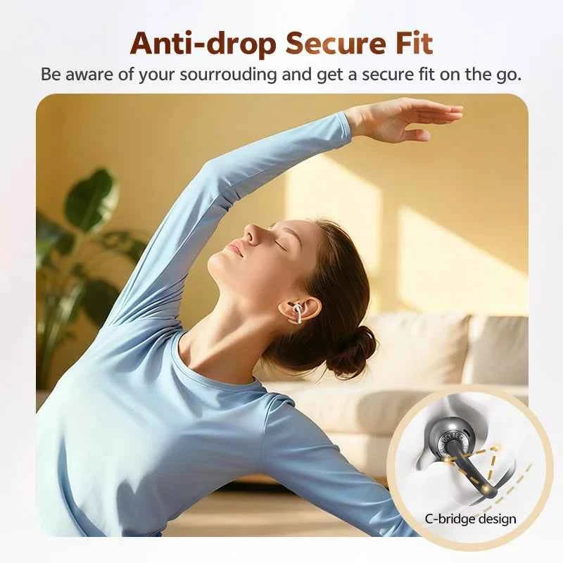 QCY CT06 Open Ear Wireless Earbuds with 4-Mic Calls and Bass Boost - Bluetooth 6.0 Clip-On Sports Headphones with 35 Hours Playtime