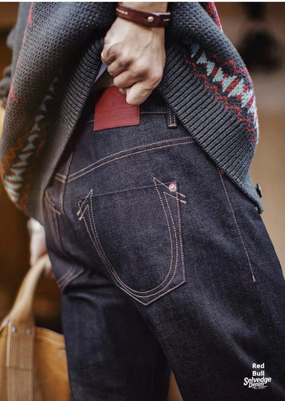 Maden Men's Vintage 10.9oz Selvedge Raw Denim Jeans Indigo Straight Fit Pants Zip Fly Casual Trousers for Autumn and Winter