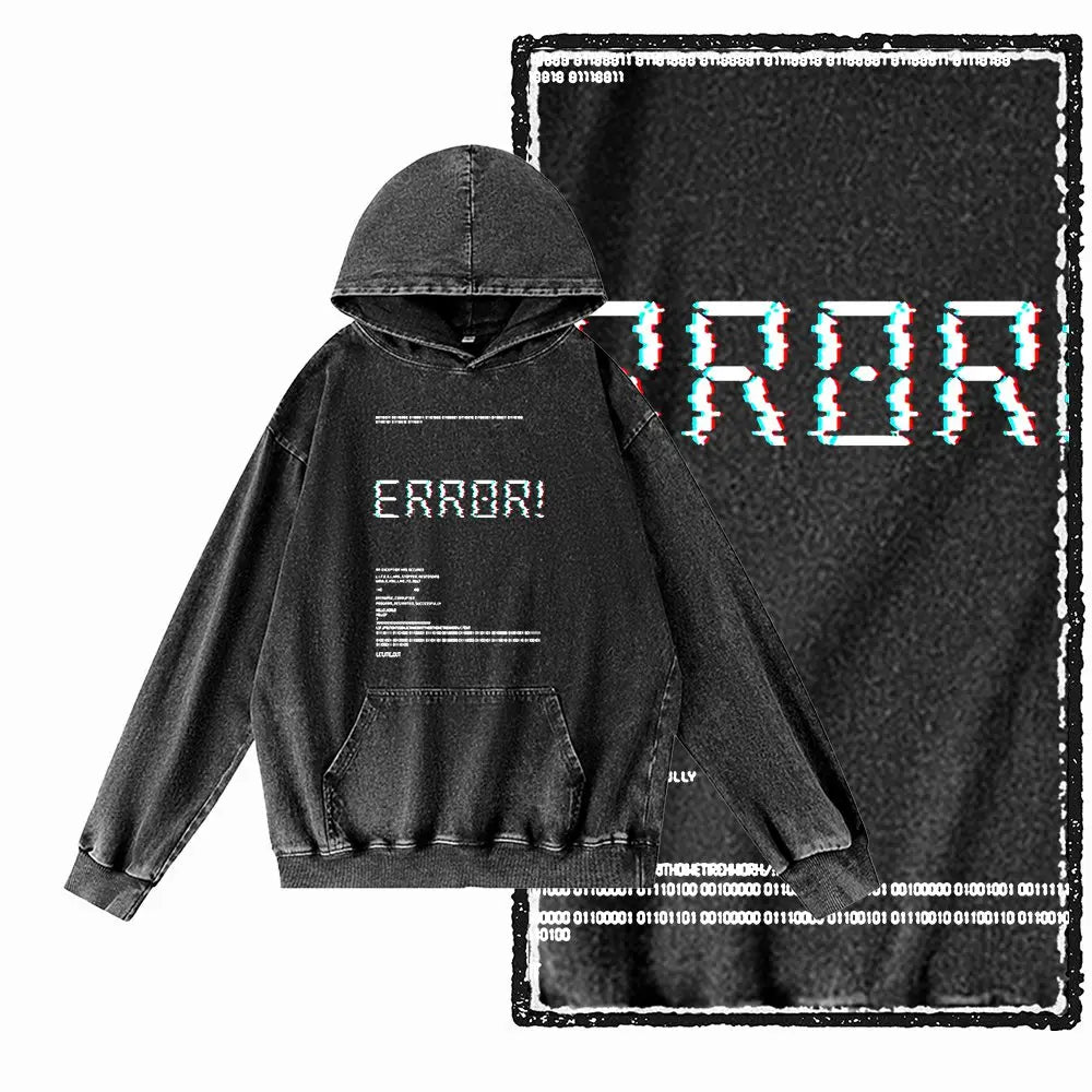 COOLMIND G25 Vintage Print Acid-Washed Black Hoodie