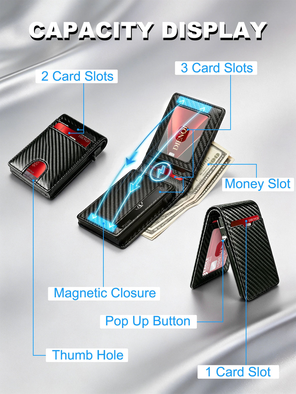 Carbon Fiber Wallet Magnetic Card Holder RFID Automatic Pop Up Case Id Bank Credit Cardholder Money Bag Bifold Wallets for Men