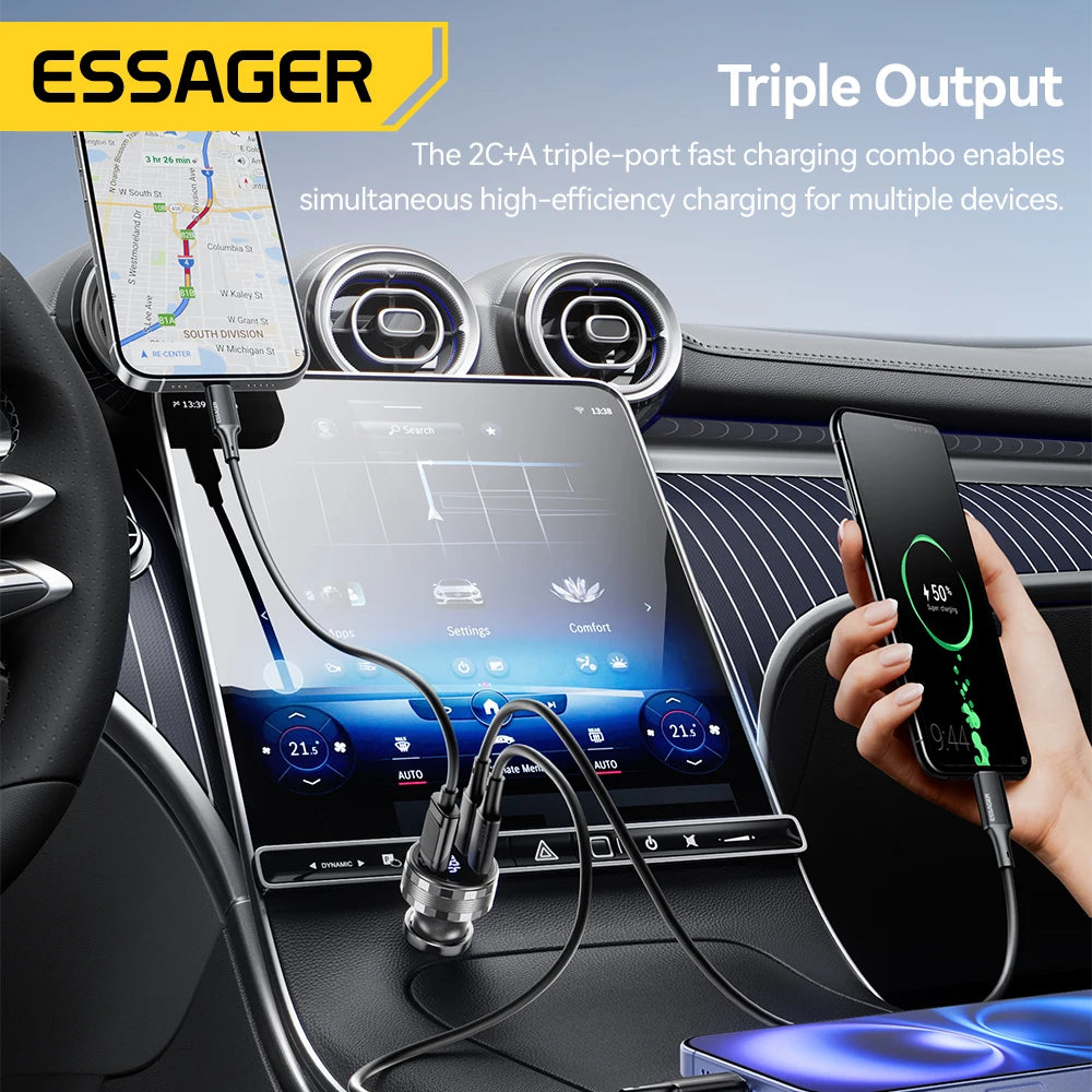 Essager 108W 3-Port USB Car Charger with Digital Display