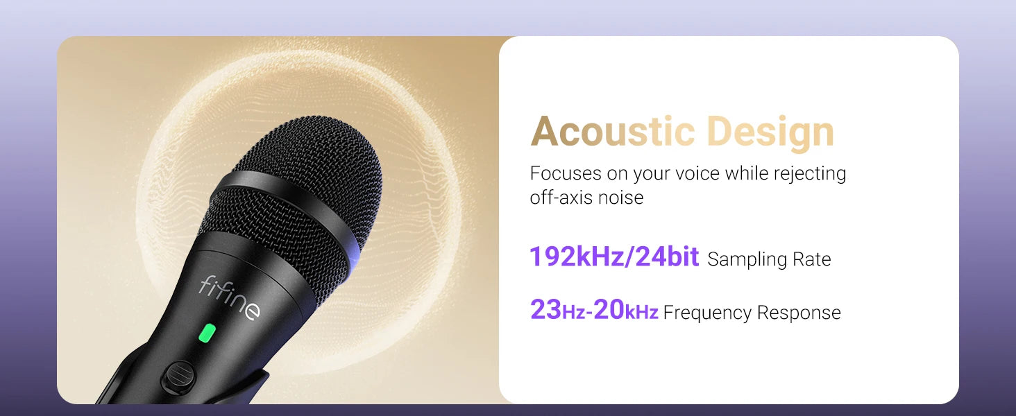 A promotional graphic for a handheld microphone with text callouts about acoustic design, 192kHz/24bit sampling rate, and 23Hz-20kHz frequency response. The left side shows a close-up of the black microphone with a small green indicator light and the brand name 'fline' on the body.