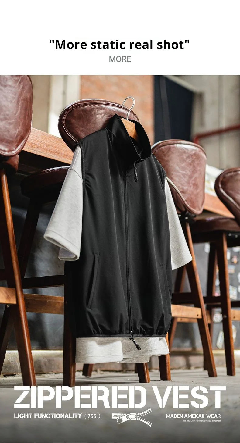 Maden Outdoor Men's Stand Collar Zip-Up Vest Lightweight Black Quick Dry Camping Fishing Waistcoat for Summer Sleeveless Jacket