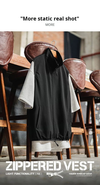 Maden Outdoor Men's Stand Collar Zip-Up Vest Lightweight Black Quick Dry Camping Fishing Waistcoat for Summer Sleeveless Jacket