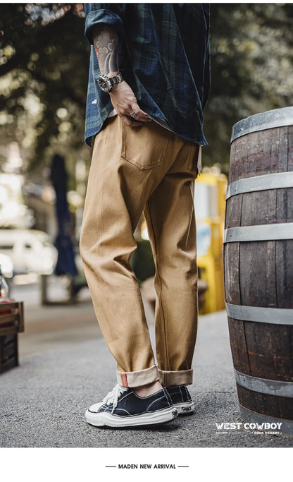 Maden Men‘s Khaki 11.7oz Selvedge Raw Jeans Vintage Straight-Leg Cowboy Pants Casual Zip Fly Cotton Trousers for Spring Autumn