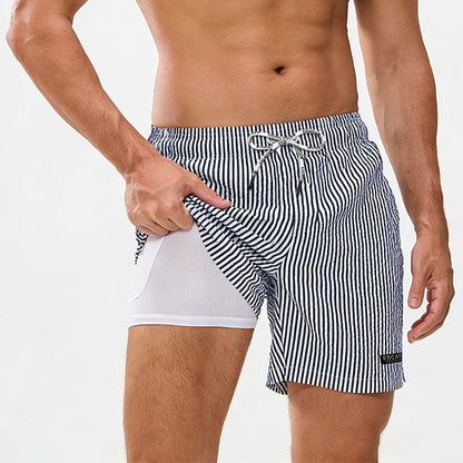 Men's ShopHub NZ boardshorts with classic print, elastic waist, suitable for beach and sport activities, 2-in-1 swim shorts.