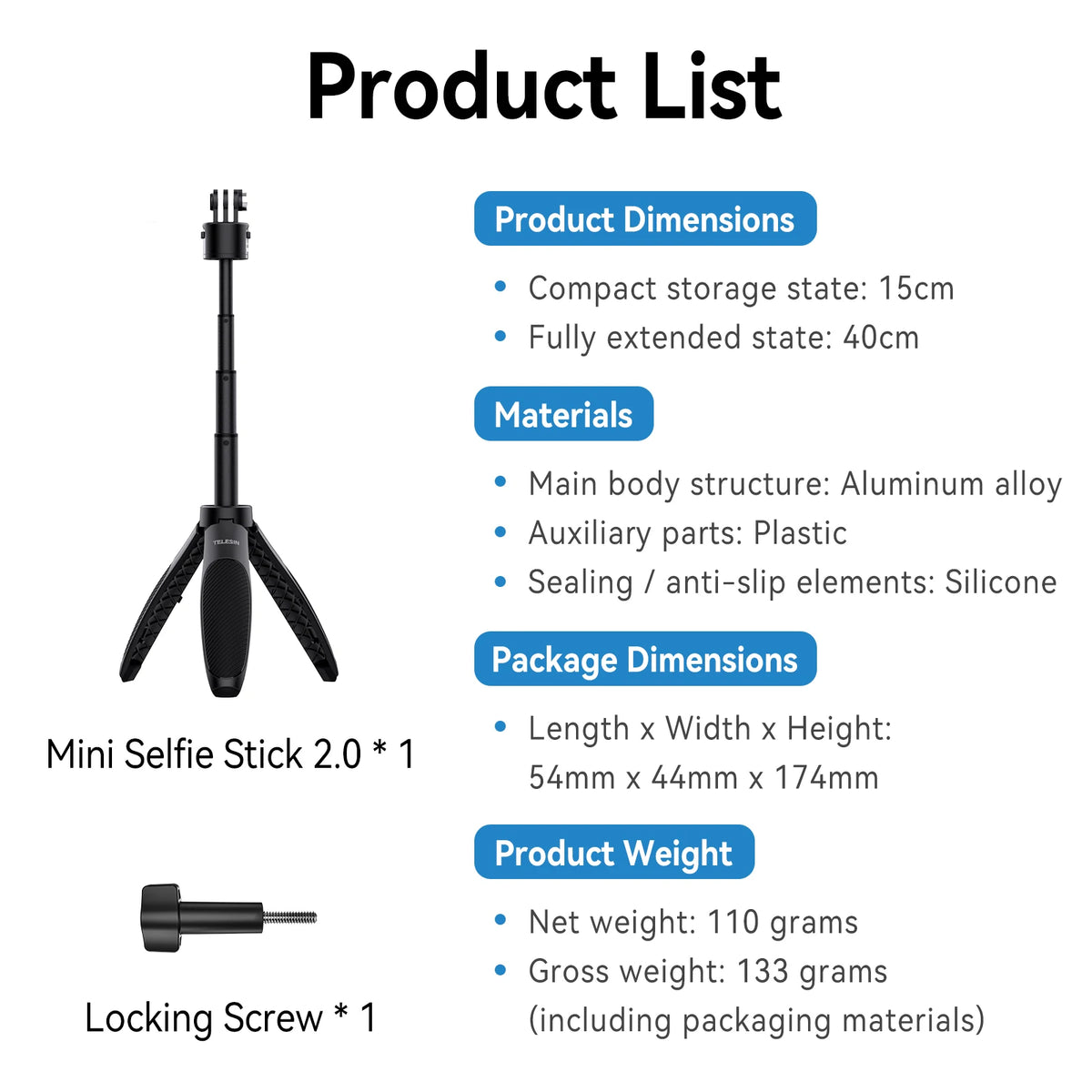 TELESIN Mini Quick Release Selfie Stick