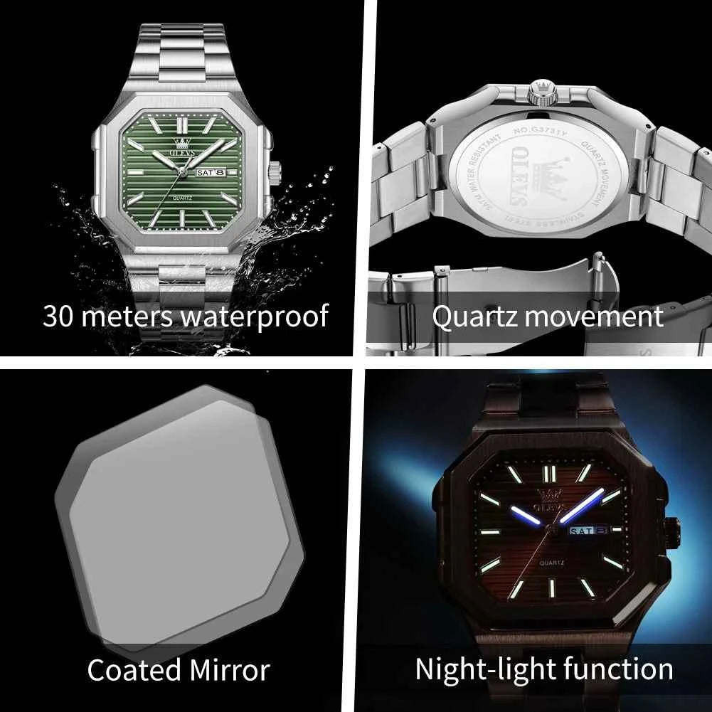OLEVS 3731 Quartz Watch for Men with Coated Mirror, Night Light Function, Waterproof, and Calendar Window