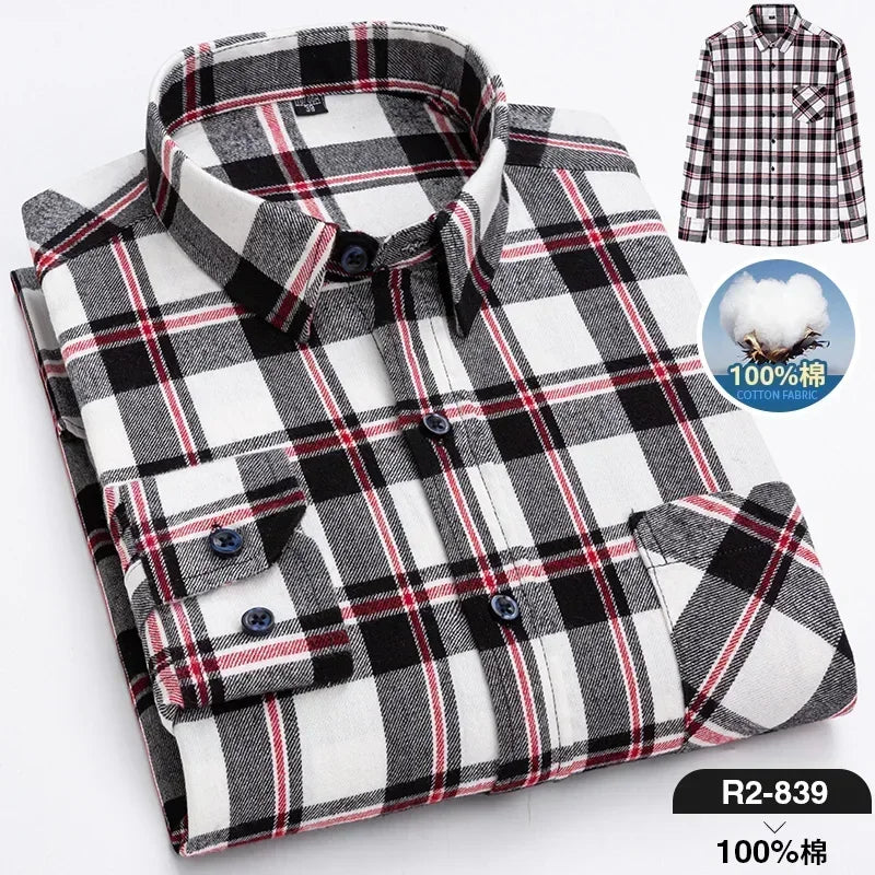 Pure Cotton Men's Plaid Shirt - Oversized Long Sleeve Casual Shirt for Plus Size