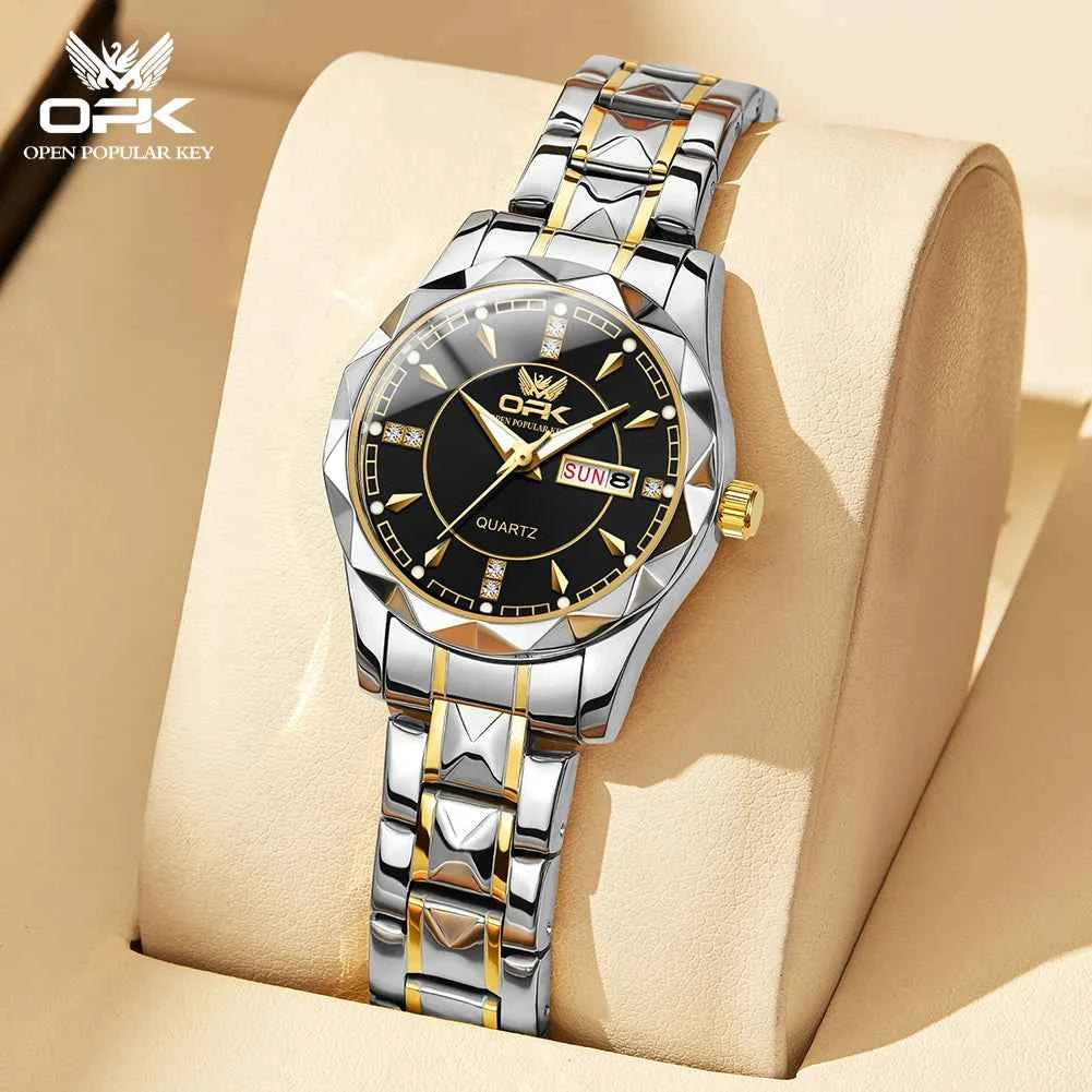 OPK 8151 Unisex Quartz Watch Waterproof Luminous Stainless Steel Automatic Date Dual Calendar Design