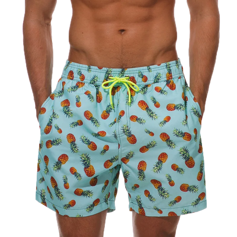 Men's summer polyester boardshorts with quick-dry fabric, printed design, mesh liner, perfect for beach surfing and gym activities.