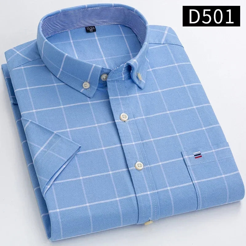 100% Cotton Men's Breathable Cotton Plaid Shirt - Short Sleeve Oxford Summer Striped Regular Fit Oversized Clothing