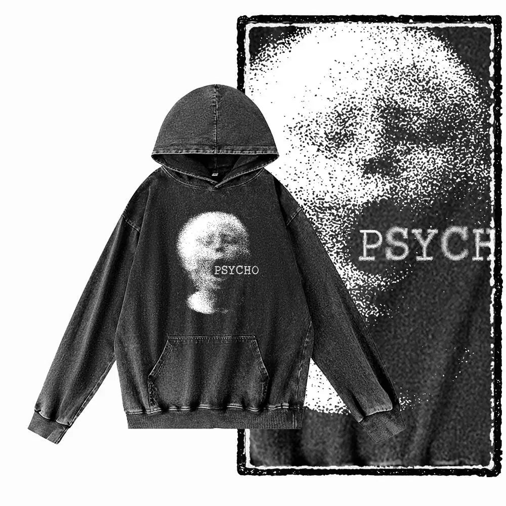 COOLMIND G21 Vintage Graphic Acid-Washed Black Hoodie
