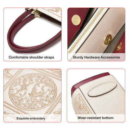 FOXER Women's Shoulder Handbag New Office Lady Crossbody Bag Medium Tote Chic Split Leather Silk Scarf Printing Pocket Mom's Bag