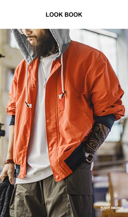 Maden Men's Retro Patchwork Color-Block Hooded Flight Jacket Orange Bomber Jacket Casual Zip-Up Lightweight Spring Fall Outwear