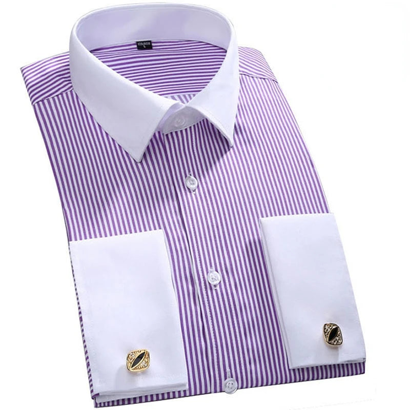 Quality Gentle Formal Men's Dress Shirt with French Cuff, Long Sleeve Solid & Striped Styles, Plus Size & Cufflinks Included