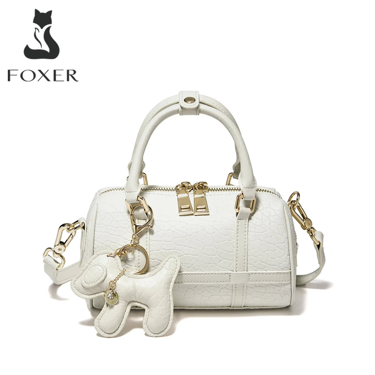 FOXER 2026 New Women's Handbag Fashion Barrel Bag Textured Cowhide Leather Lady Crossbody Bag Casual Commuter Shoulder Purse