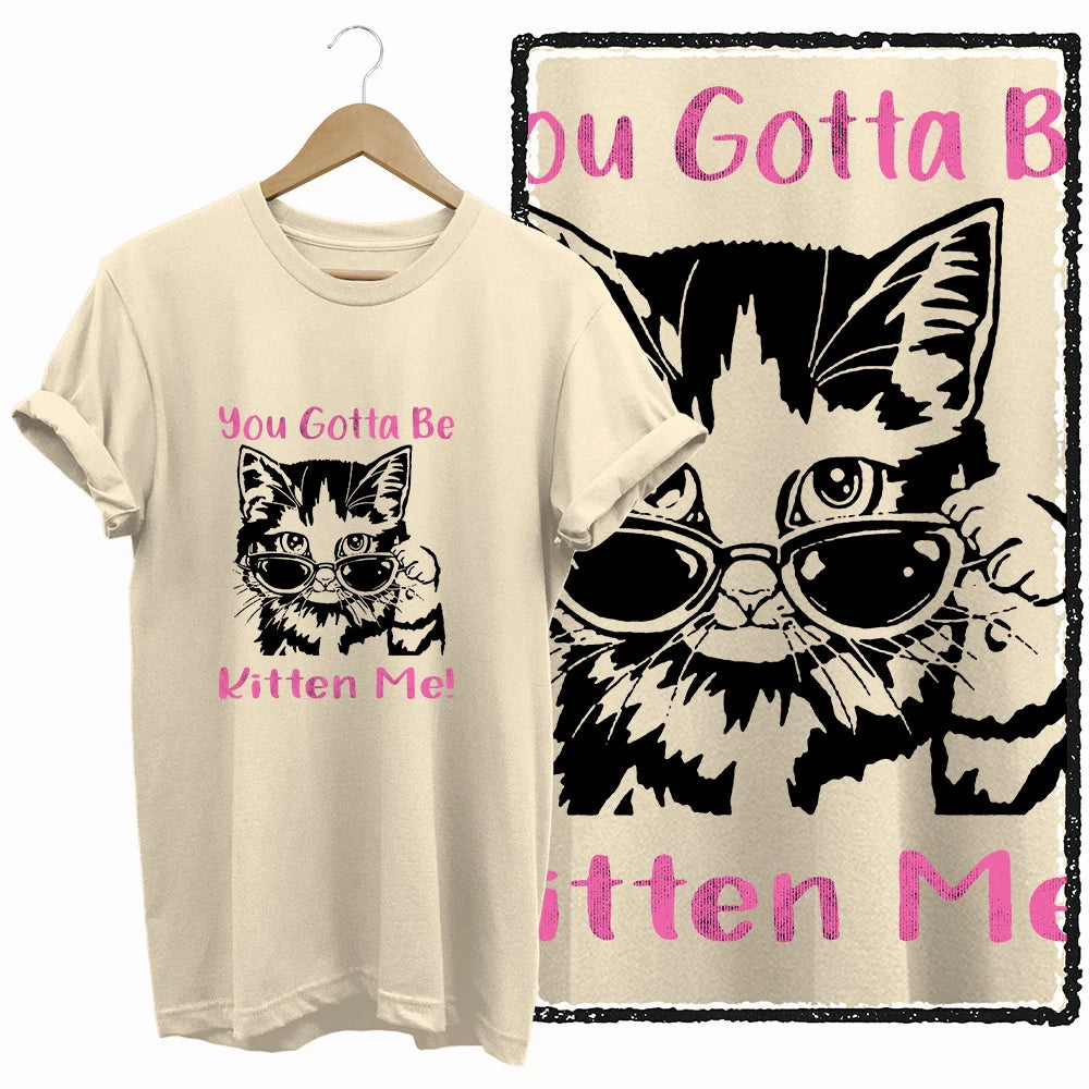 COOLMIND Beige Cat Graphic T-Shirt | Women's Relaxed Fit