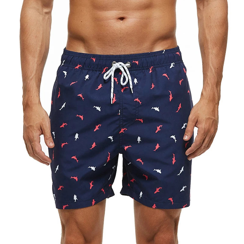 Men's polyester boardshorts by ShopHub NZ featuring quick-dry fabric, vibrant print, mesh lining, suitable for beach, surfing, and gym.